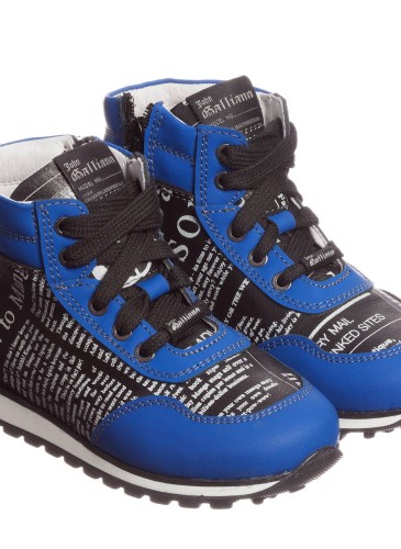 Boys Black Leather High Top Trainers with Blue