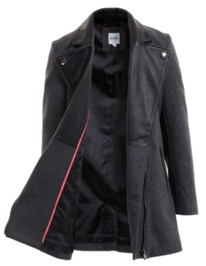 BOSS Girls Grey Wool & Black Leather Coat